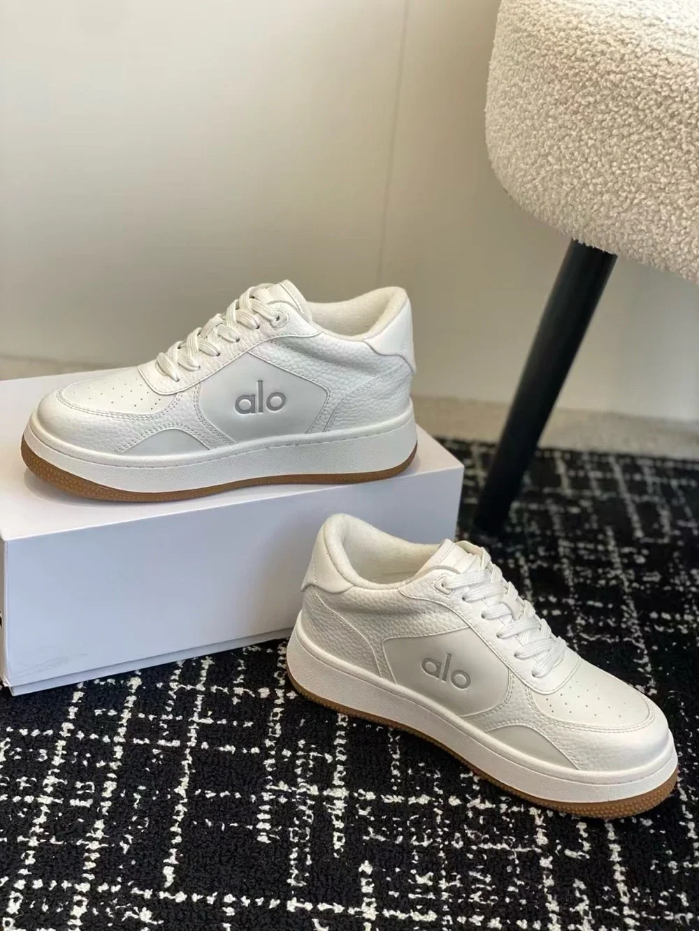 ALO Yoga White Leather Sneakers with Gum Outsole